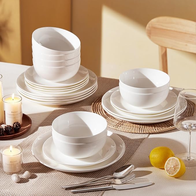 KINGSTONE 12-Piece Bone China Dinnerware Set for 4 Lightweight and Durable Microwave and Dishwasher Safe White Plates and Bowls for Everyday Use