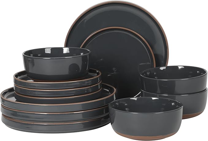 Gibson Elite Northrock Stoneware Dinnerware Set 12-Piece Service for 4 Plates and Bowls Set – Charcoal Blue Dishes with Hand-Painted Terracotta Base