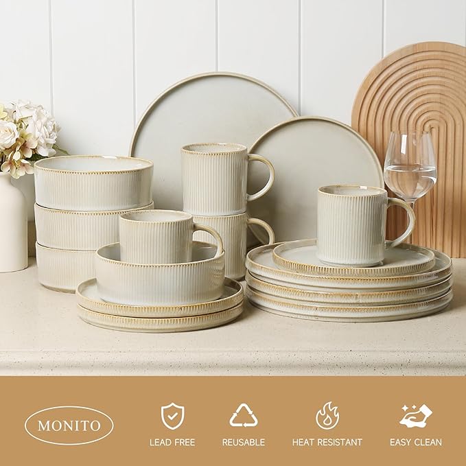 MONITO Ceramic Dinnerware 16 Pieces Dinner Set10.7in Stoneware Plates and Bowls Sets Highly Chip and Crack Resistant | Dishwasher &amp Microwave Dishes setGift Bonbon Beige