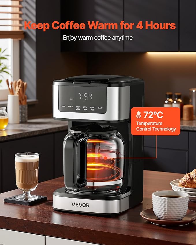 VEVOR Programmable Coffee Maker 12 Cup Programmable Drip Coffee Makers with Touch Screen 4-Hour Keep Warm Coffee Makers Drips 2 Brew Strengths Drip Coffee Machine for Home 24-Hour Programmable