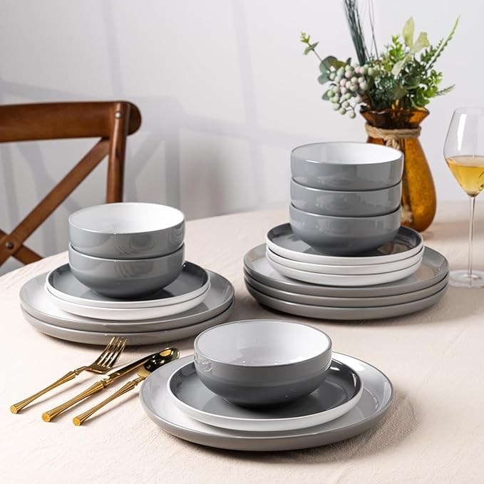 GBHOME 12 Pieces Ceramic Dinnerware Set Modern White Dish Set for 4Scratch Resistant Smooth Plates and Bowls SetsOven SafeMicrowave &amp Dishwasher