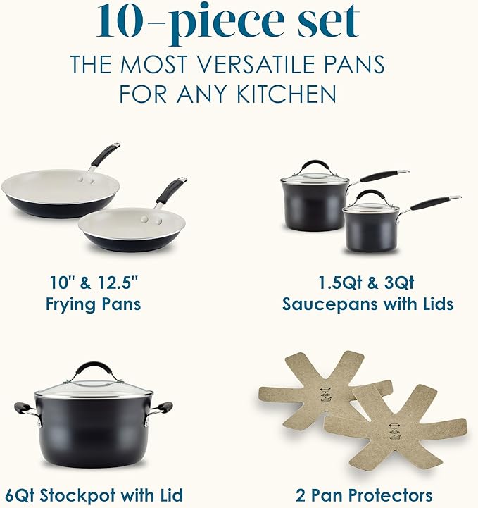 Rachael Ray Cucina Ceramic Nonstick Pots and Pans Set with Saucepans Frying Pans Stockpot Lids and Pan Protectors 10 Piece Non Stick Cookware Set Dishwasher Safe - Peppercorn