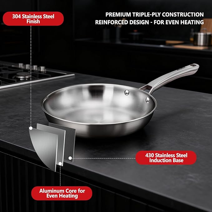 ROVSUN 10-Pcs Stainless Steel Cookware Set Tri-Ply Pots and Pans Set Non-Toxic Kitchen Set PFOA &amp PTFE Free Full Clad Frying Pans Saucepans Saute Pan &amp Stock Pot Compatible for All Cook