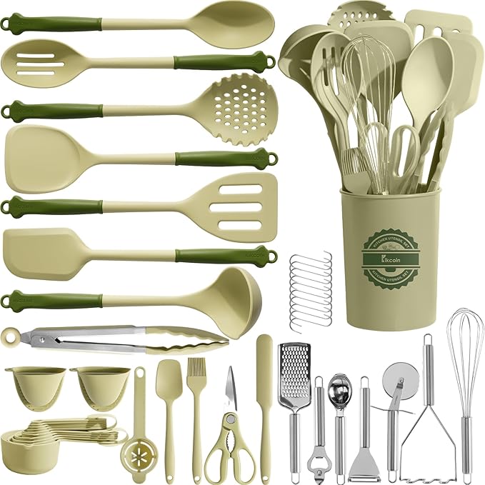 Kikcoin 43Pcs Kitchen Utensils Set - Silicone Cooking Utensil Set Dishwasher Safe Spatula for Non-stick Cookware 446°F Heat Resistant Kitchen Gadgets with Holder BPA Free Avocado Green