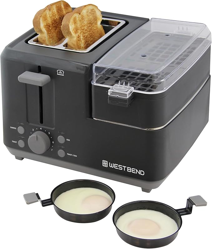 West Bend Breakfast Station 2-Slice Toaster and Egg Cooker/Poacher with Removable Pre-Cooked Meat and Vegetable Warming Tray for Perfect Breakfast Sandwiches 1200-Watts Black