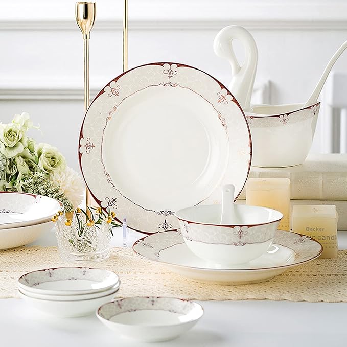 Sushi Set White Bone China and Gold Trim Cutlery Set with Dinner Plates Dessert Plates Soup Plates Saucers for Gifts Wedding Hotel 60 Piece