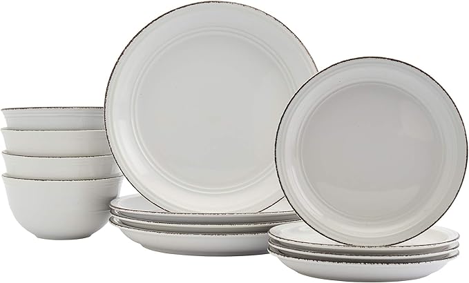 Tabletops Gallery Fashion Dinnerware- Stoneware White Rimmed Round Dishes Service for 4 Dinner Salad Appetizer Dessert Plate Bowls 12 Piece White Antiqued Farmhouse Dinnerware Set