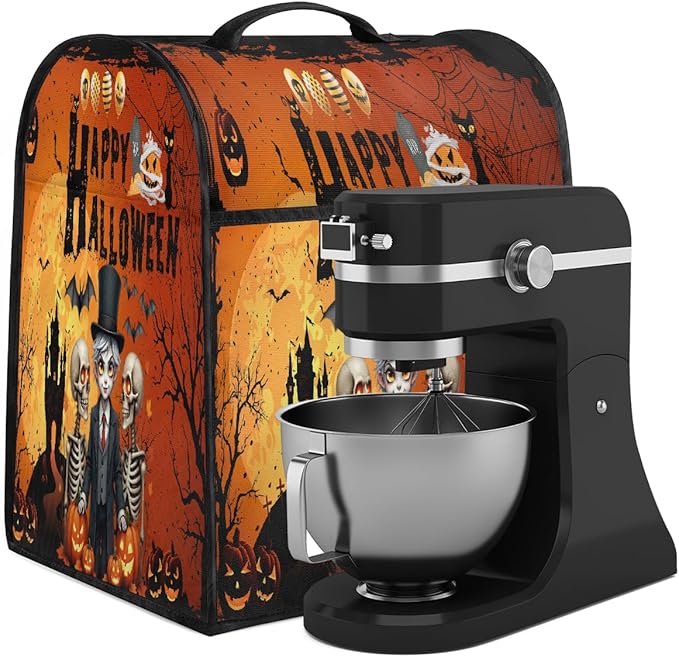cfpolar Kitchen Aid Mixer Cover Compatible with 6-8 Quarts Skeleton Prince Pumpkin Bat Halloween Stand Mixer Cover Kitchen Aid Mixers Accessories Appliance Organizer Bag Dust Covers with Zipper Pocket