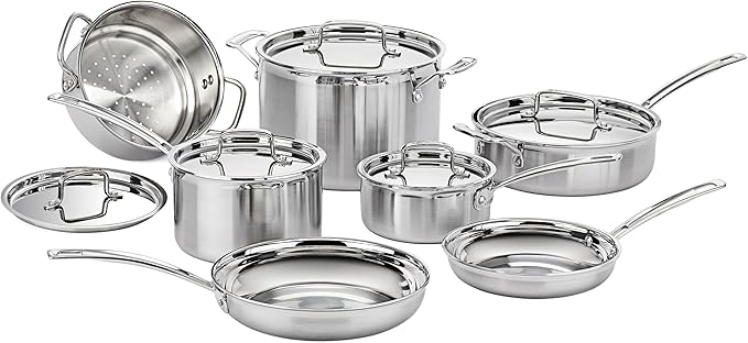 Cuisinart 12-Piece MultiClad Pro Triple Ply Stainless Stainless Steel Pots and Pans Set Cookware Set Compatible with Induction Electric Gas Cooktops Cool Grip Handles Oven Safe to 500°F Silver