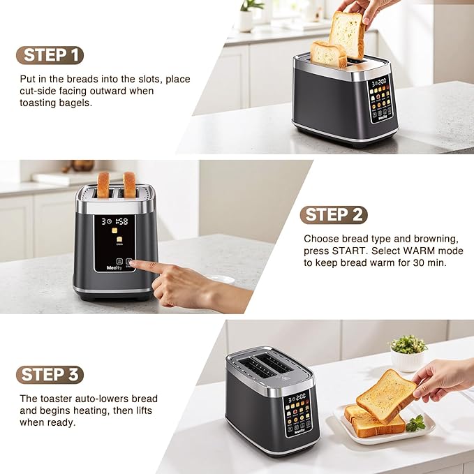 Mecity 2 Slice Toaster with Touch Screen &amp Auto Lift Stainless Steel Cool-Touch Toaster with 8 Bread Settings 5 Shade Levels 1200W High Power Keep Warm &amp Reheat Function Metallic Grey 12