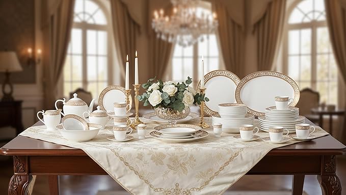 Lorren Home Trends 57 Piece Bone China Dinnerware Set Gold Greek Key Design Service for 8