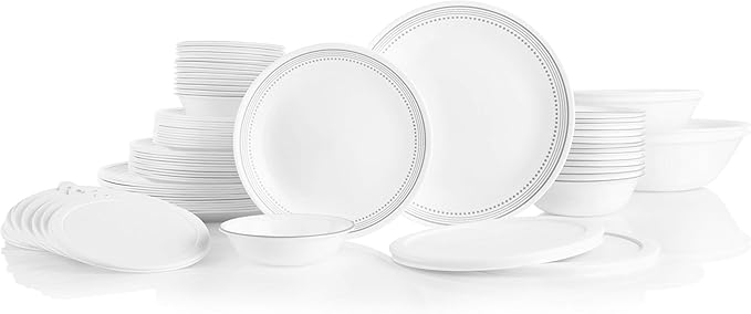 Corelle Vitrelle 78-Piece Service for 12 Dinnerware Set Triple Layer Glass and Chip Resistant Lightweight Round Plates and Bowls Set Mystic Gray
