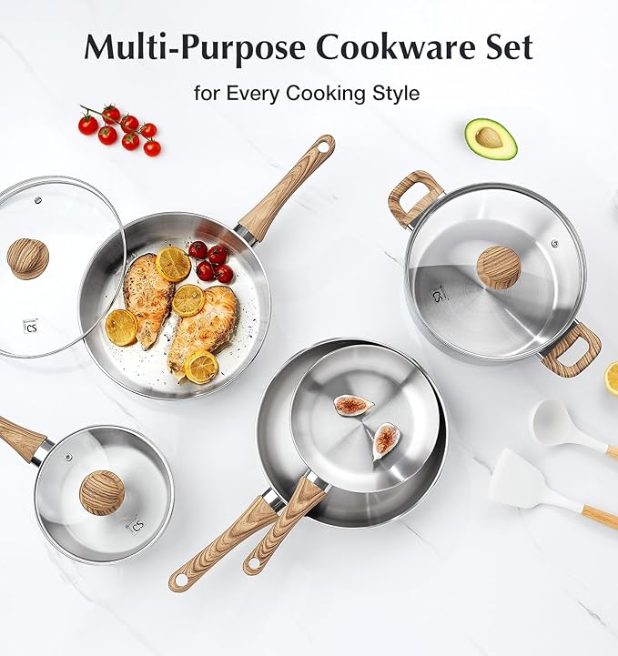 KOCH SYSTEME CS Stainless Steel Coowkare Set 10PCS Professional 18/10 Stainless Steel Pots and Pans Set with Cool-Touch Handles Tri-ply Base Kitchen Cookware Sets Cooking Set Induction Compatible