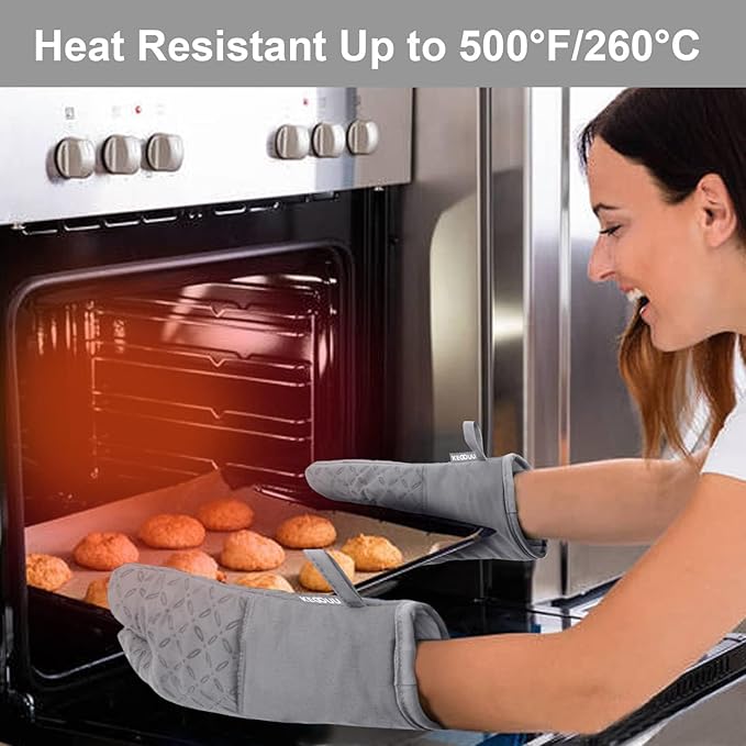 KEGOUU Oven Mitts and Pot Holders 6pcs Set Kitchen Oven Glove High Heat Resistant 500 Degree Extra Long Oven Mitts and Potholder with Non-Slip Silicone Surface for Cooking (Light Gary)