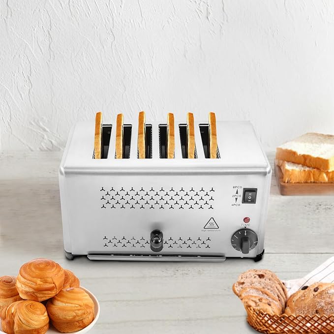 Electric 6 Slice Toaster Stainless Steel Bread Baking Machine Commercial Toaster with Crumb Tray and Adjustable Timer Bread Making Tool for Home Kitchen Restaurant Bakery (3 Modes/1650W)