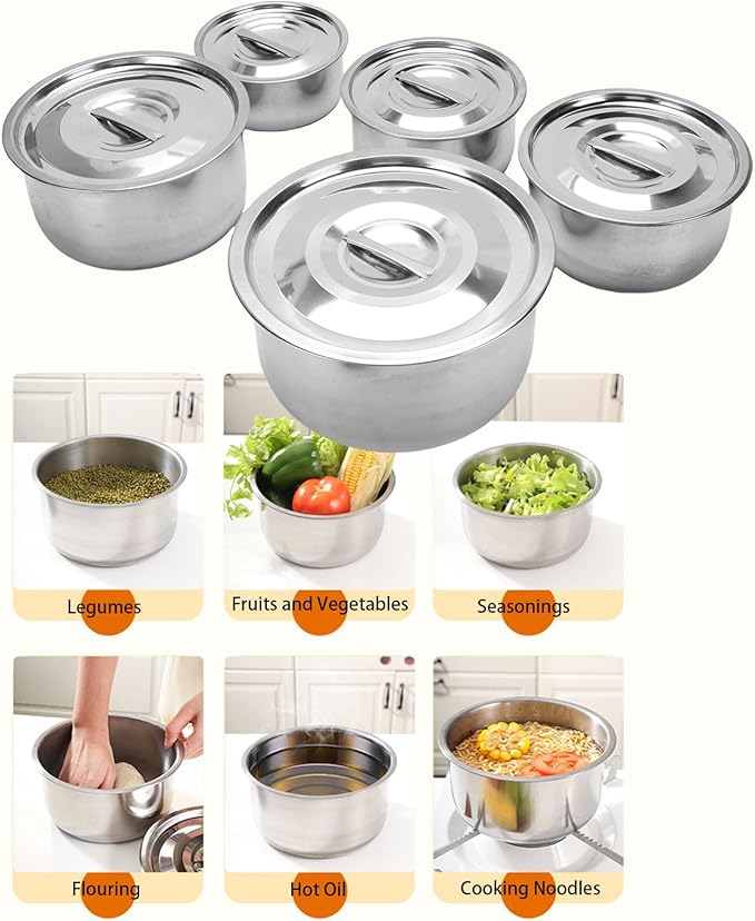 Kitchen Cookware Sets5 PCS Stainless Steel Multifunctional Soup Pot Set Induction Compatible Sauce Pan Kitchen Cooking Small Pots with Lids Minimalist Pots and Pans