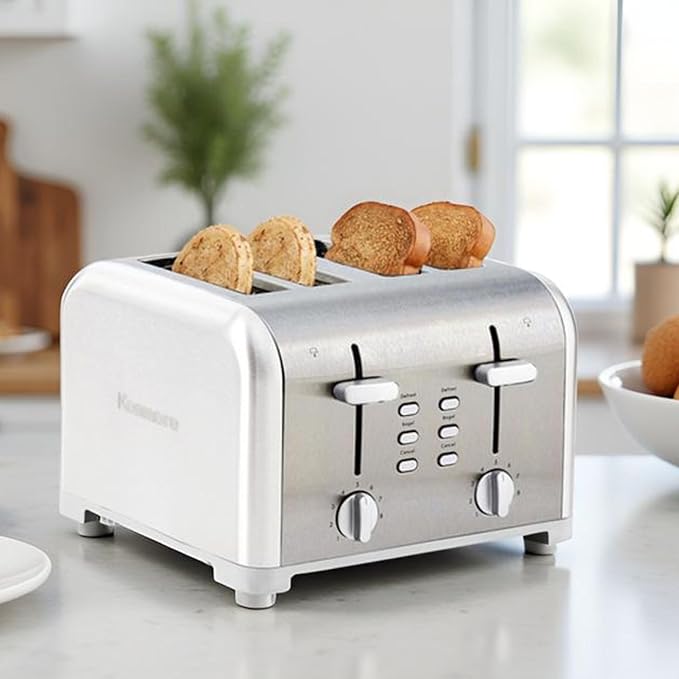 Kenmore Toaster 4 Slice - Extra Wide Slot Countertop Kitchen Appliance Defrost Function Grille-Pain 9 Shade Settings Compact Design Easy Clean Crumb Tray Bread Bagel Stainless Steel &amp White