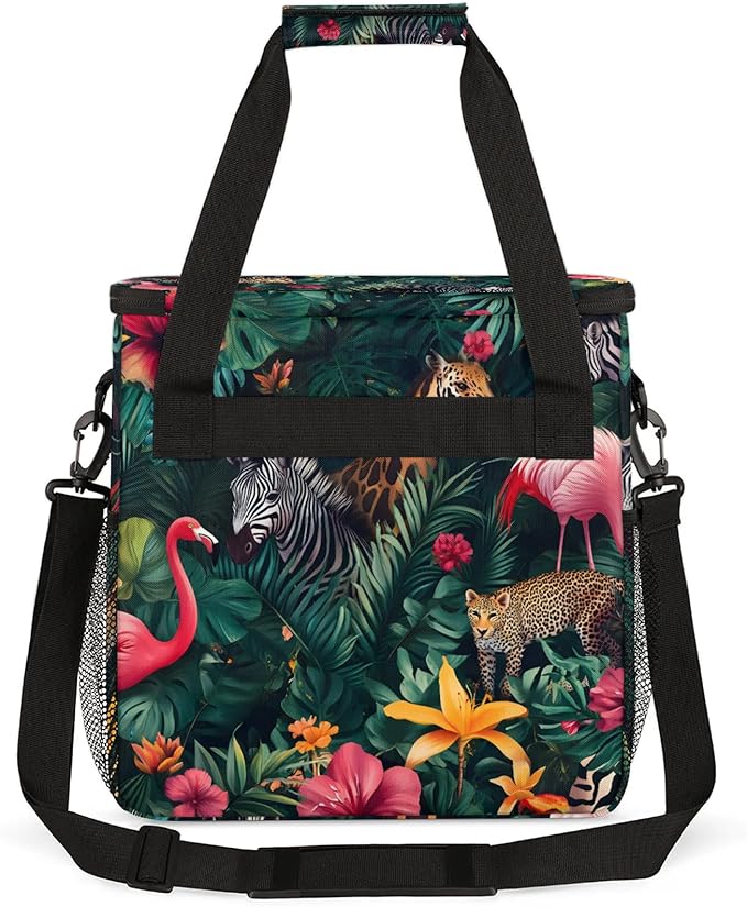 Tropical Animals Coffee Maker Travel Bag Palm Leaves Insulated Grocery Bag Travel Picnic Leakproof Cooler Bags With Shoulder Strap