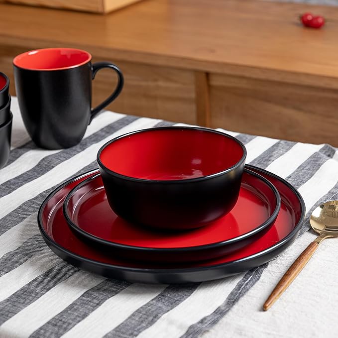 LEHAHA Melamine 12-Piece Modern Dinnerware Set Kitchen Plates and Bowls Sets Luxury 2 tone Red and Black Ceramic look Dish Set for 4.Christmas Luxury dinnerware dishes set.
