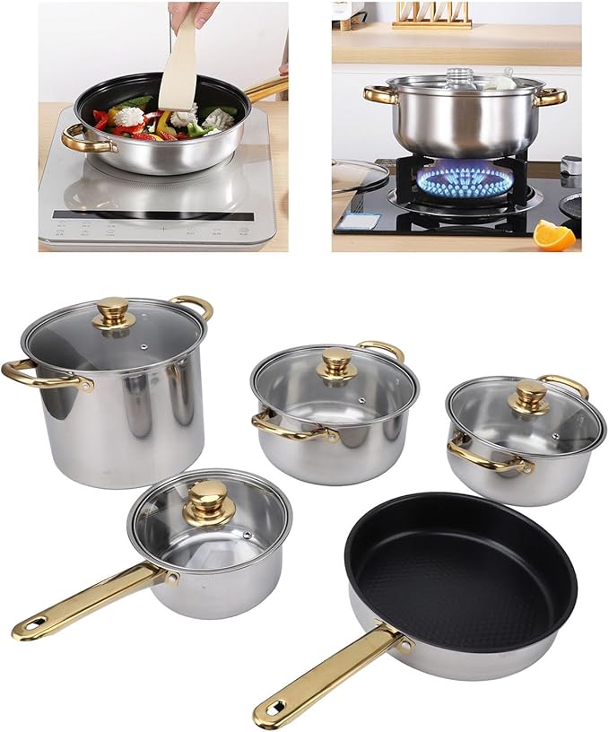 Stainless Steel Pots and Pans Set Ergonomic Golden Handle Multifunctional Cookware Set Kitchen Cooking Pots Glass Lids