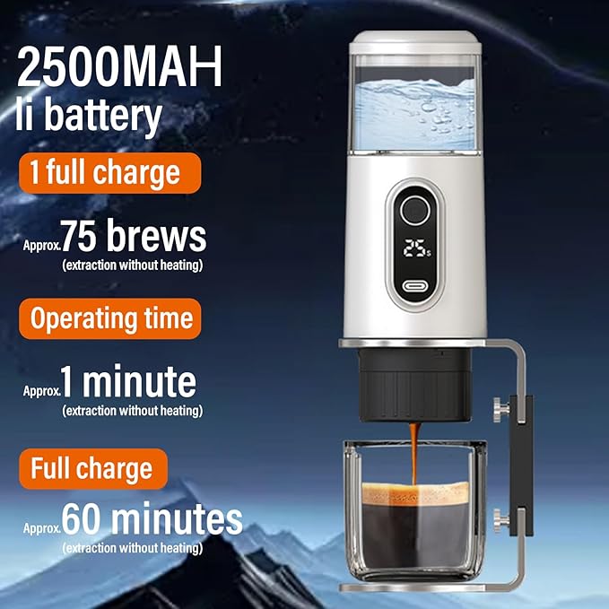ciciglow Portable Electric Coffee Machine Cordless Handheld Coffee Machine for Camping Travel Outdoor Car Hiking Support Ground and Capsule Compact and Lightweight (White)