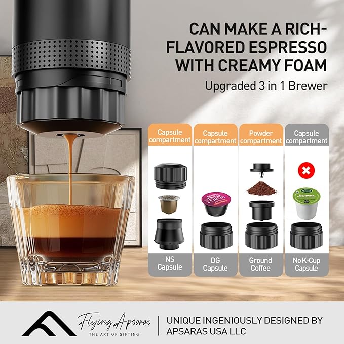 APSARAS USA Portable Coffee Maker for Travel Portable Espresso Maker 20 bar Mini Espresso Machine 3in1 Travel Coffee Maker with Ground Coffee &amp Capsule(Ns&ampDG) for RV Camping Car