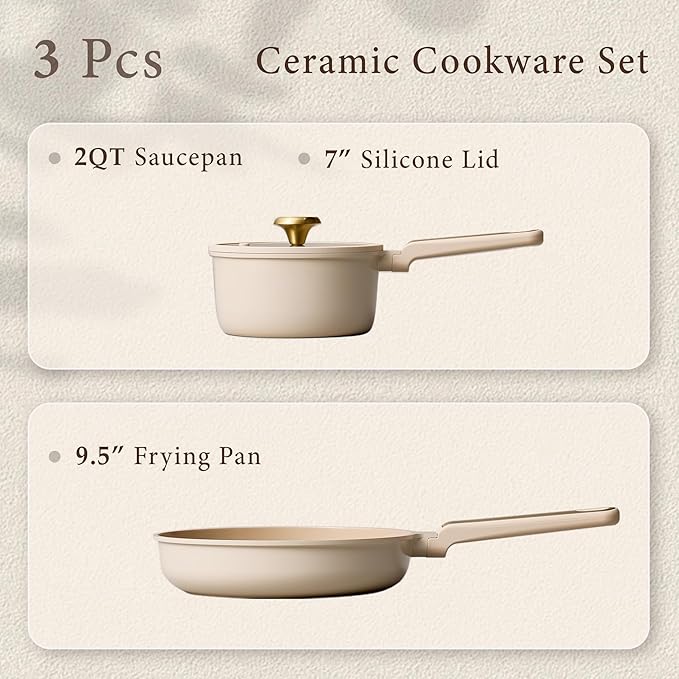 CAROTE Ceramic Cookware Set Nonstick 3pcsnon stick frying pans&ampceramic sauce pan with lid light taupe