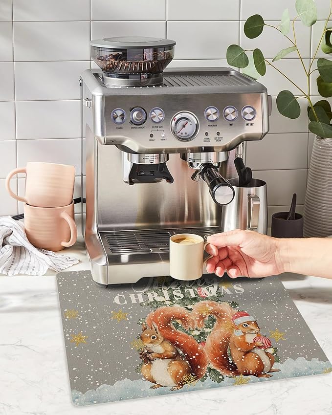 Coffee Mat Coffee Bar Mat for Countertops Merry Christmas Squirrel with Xmas Trees Gray Absorbent Coffee Maker Mat Rubber Backed Dish Drying Mat for Coffee Espresso Machine Coffee Maker 12x20