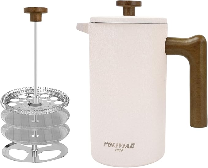 POLIVIAR French Press Coffee Maker 34 Ounce Coffee Press with Real Wood Handle Double Wall Insulation &amp Dual-Filter Screen Food Grade Stainless Steel for Good Coffee and Tea JX2023-FPLM