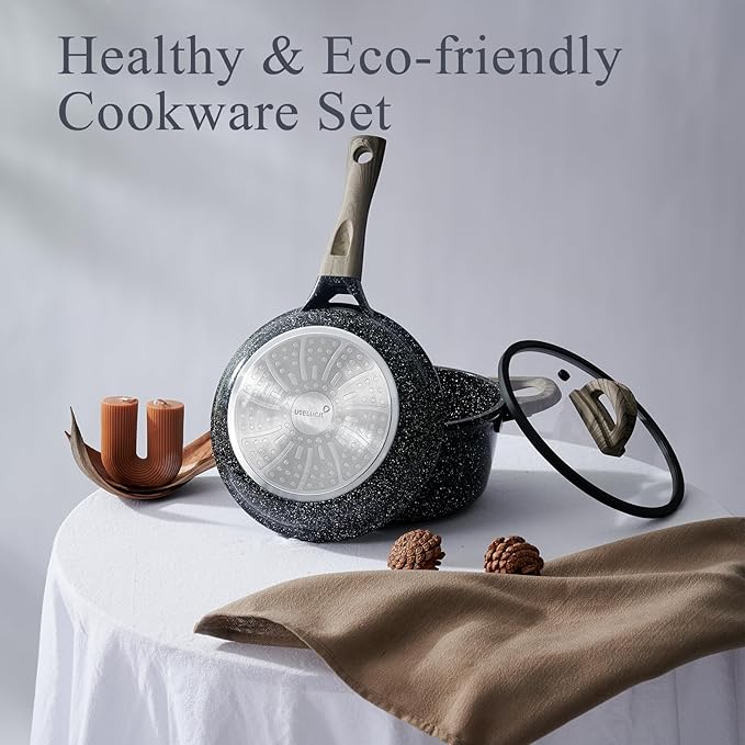 Ceramic Cookware Set 22 Piece Nonstick Pots and Pans Set Non Stick Kitchen Cooking Sets 8Frying Pans with LidBlack Granite Non-Toxic Induction Kitchen Cookware w/Glass Lids PFOS/PFOA-Free
