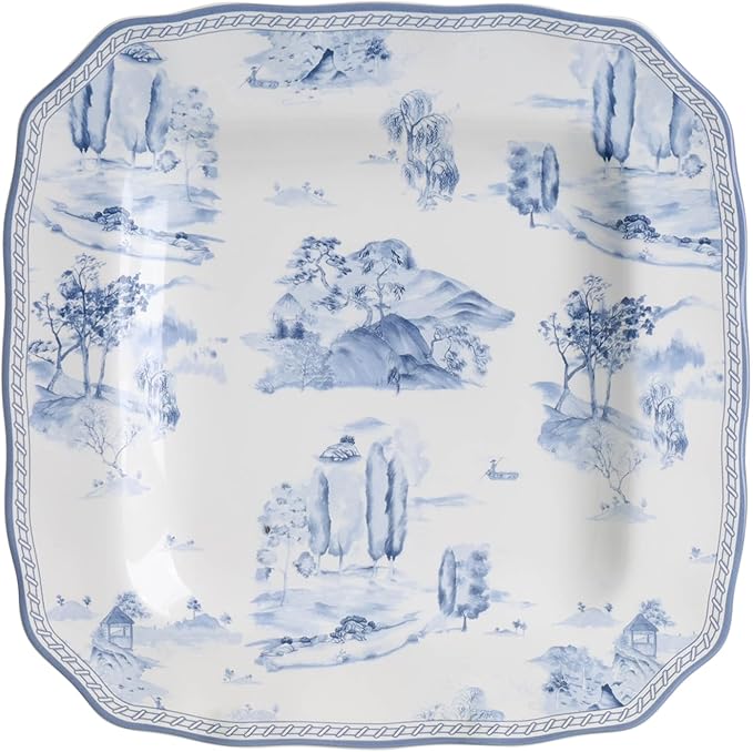 222 Fifth 12-Piece Porcelain Dinnerware Set for 4 Glossy White Plates and Bowls Set with Blue Decal Elegant Square Ceramic Dish Set Kitchen Tableware Microwave &amp Dishwasher Safe Scenic Toile