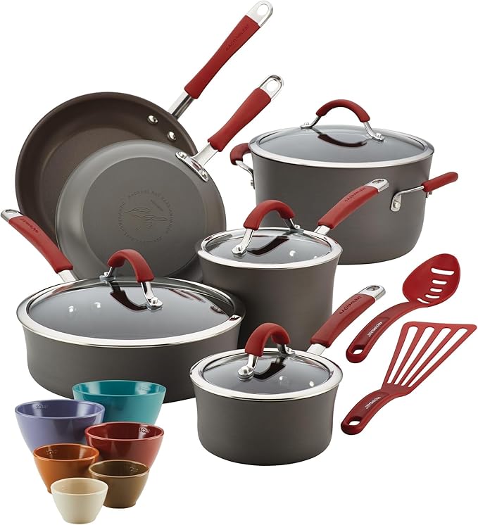 18-Piece Hard-Anodized Nonstick Cookware and Prep Bowl Set Red Handles