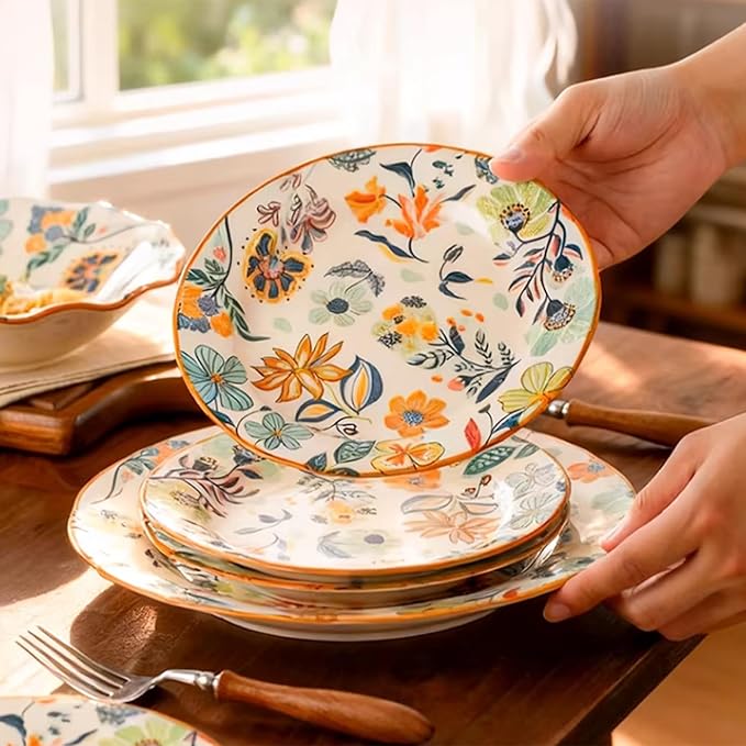 12-Piece Floral Pattern Ceramic Dinnerware Set (Service for 4) - High-Temp Fired Microwave &amp Dishwasher Safe Scratch-Resistant Kitchen Dining Plates Bowls Set