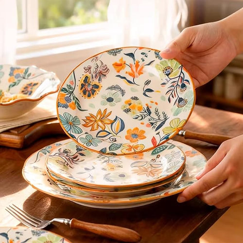 12-Piece Floral Pattern Ceramic Dinnerware Set (Service for 4) - High-Temp Fired Microwave &amp Dishwasher Safe Scratch-Resistant Kitchen Dining Plates Bowls Set