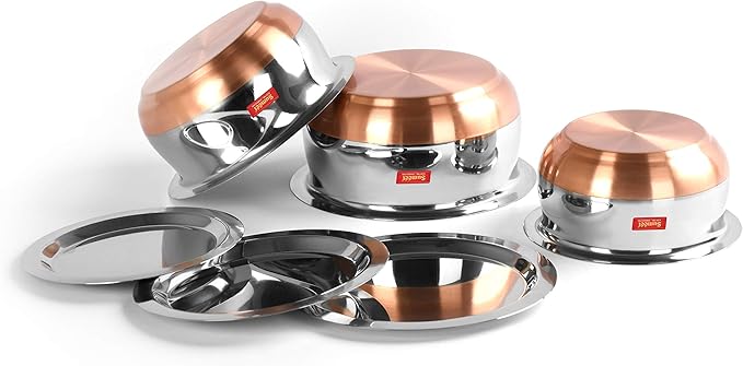 Sumeet Stainless Steel Copper Bottom Belly Shape 3 Pc Tope/Cookware/Pot Set with Lid 380ML 500ML 780ML (Silver)