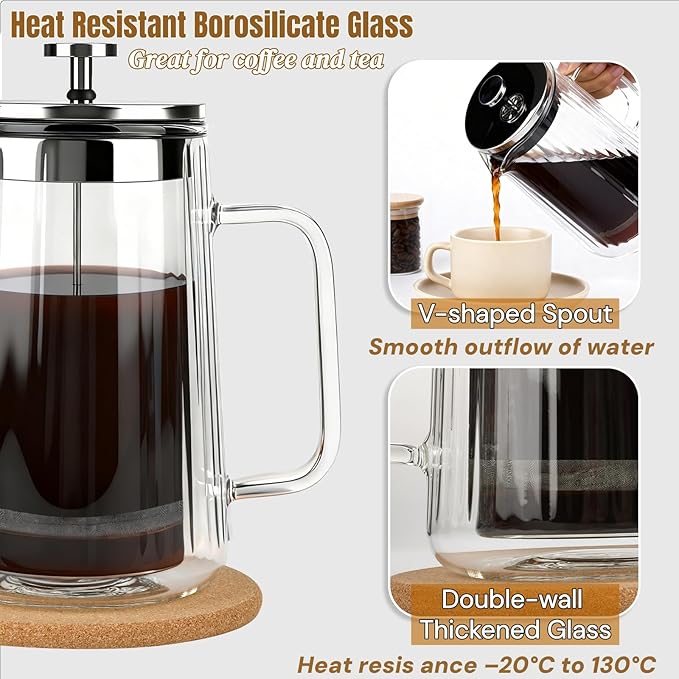 Glass French Press Coffee Maker 34oz Double Wall Heat-Resistant Borosilicate Glass Coffee Press with Stainless Steel 4-Level Filtration Also Fit for Tea