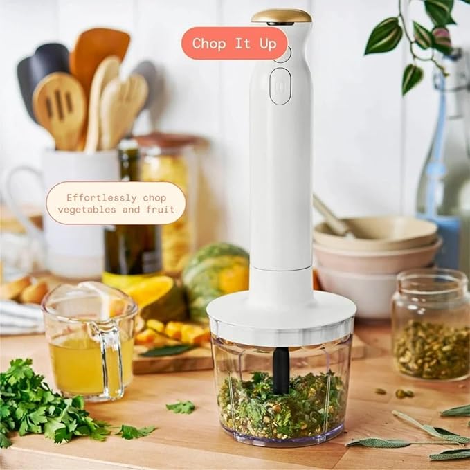 Cordless Hand Blender with 2-Cup Chopper Whisk &amp Large Measuring Cup Perfect for Cooking Smoothies Sauces Purees and Meal Prep (White Icing)
