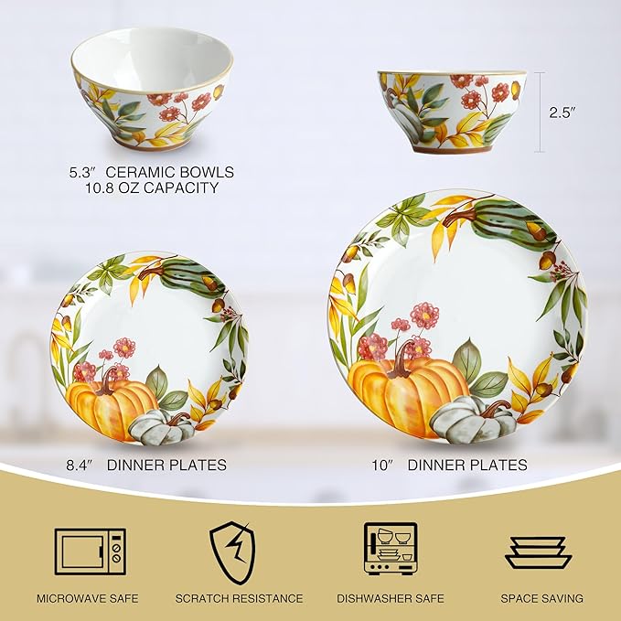 12-Piece Porcelain Dinnerware Set Service for 4 Pumpkin Pattern Plates &amp Bowls Microwave and Dishwasher Safe Dinnerware Set