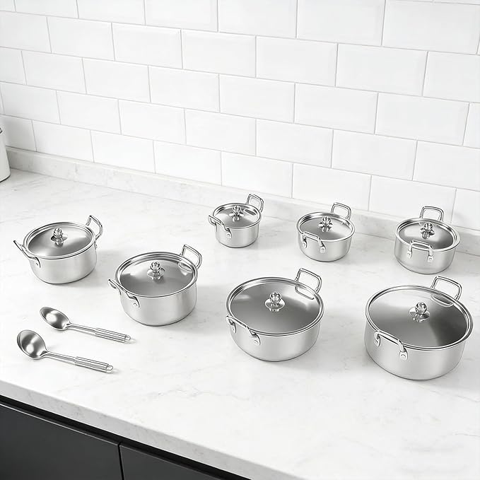 Yoidesu Stainless Steel Cookware Set 6 Piece Pot and Pan Set with Multilayer Base for Induction Gas Electric Stoves Dishwasher Safe with Ergonomic Handles
