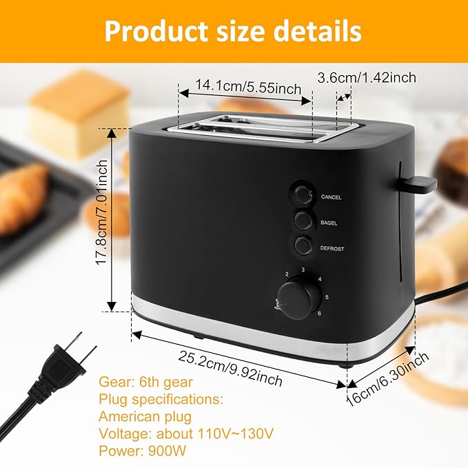 Toaster 2 Slice Metal Slice Toaster with Six-speed Baking Button Slice Toaster with Removable Crumb Tray for Kitchen Home Automatic Toasting and Release 10×6.3×7 inch