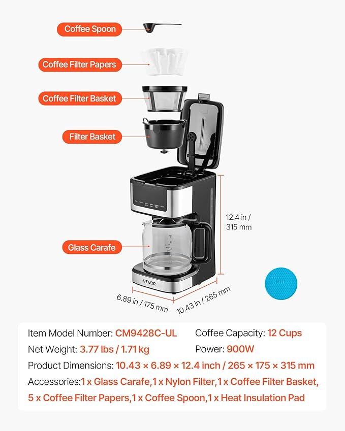 VEVOR Programmable Coffee Maker 12 Cup Programmable Drip Coffee Makers with Touch Screen 4-Hour Keep Warm Coffee Makers Drips 2 Brew Strengths Drip Coffee Machine for Home 24-Hour Programmable