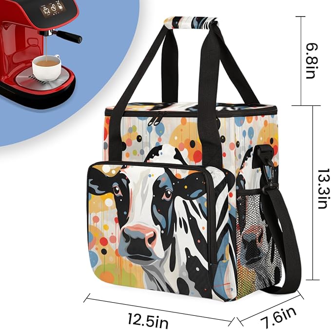 Watercolor Cow Coffee Maker Carrying Bag Colorful Cow Travel Storage Bag Compatible with K-Mini or K-Mini Plus Single Serve Coffee Brewer Carrying Case with Multiple Pockets &amp Shoulder Strap