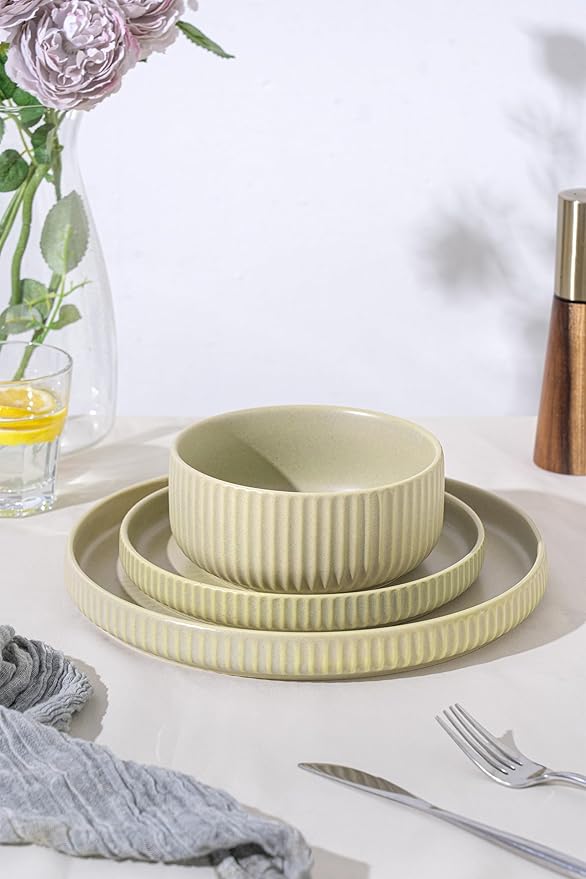 24 Piece Green Dinnerware SetCeramic Plates and Bowls Set for 8 – Calm Dish Set for Soft Gatherings Wellness Homes &amp Easy Eleg