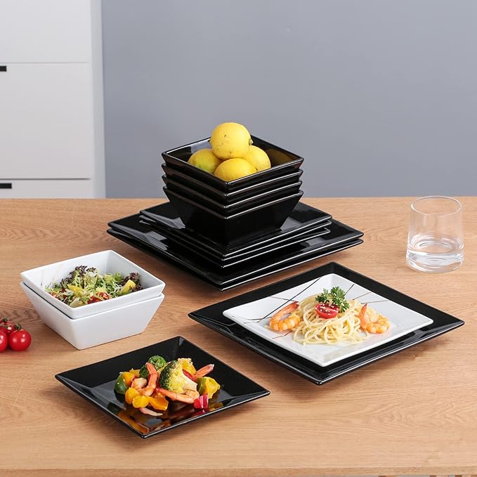 DOMINI 12-Piece Ceramic Kitchen Dinnerware Set Service for 4 Porcelain Dishes Dinner Set Square Dinnerware Sets with Dinner Plates Dessert Plates and Pasta BowlsWhite gold line
