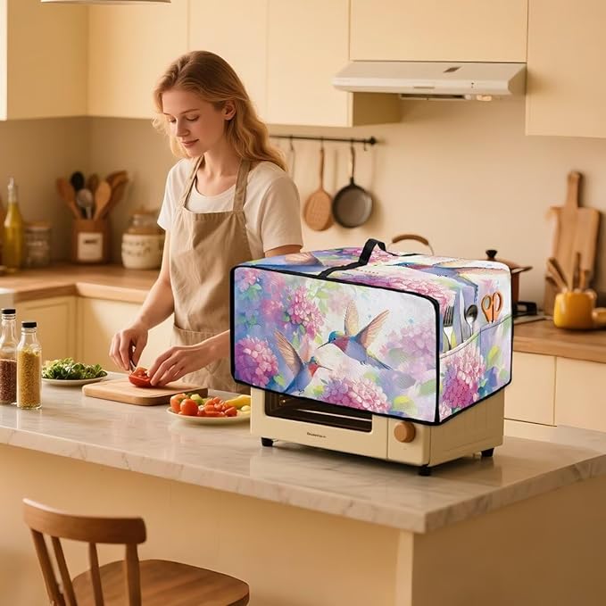 Toaster Oven Cover with Storage Pockets Fits Machines Up to 18.5x14.5x9 Convection Toaster Oven Covers for Family Kitchen Essential Hydrangea Hummingbird
