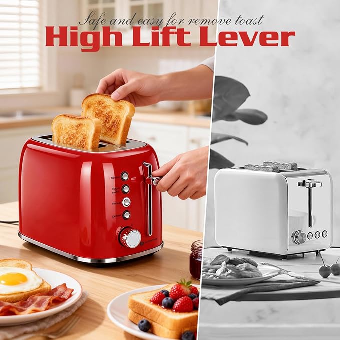 Aigostar Toaster 2 Slice Retro Extra-Wide Slot Toasters Best Rated Prime for Toasting Bagels Breads Waffles &amp More Cancel Defrost &amp 6 Browning Removable Crumb Tray Stainless Steel Red