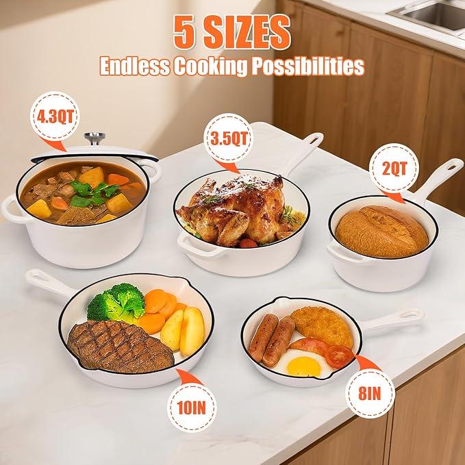 QuliMetal Nonstick Enameled Cast Iron Cookware Set 5 Pcs Pots and Pans with Lid Skillet Frying Pan Saucepan &amp Dutch Oven for All Stovetops PFA Free - Ideal for Sourdough Bread Baking