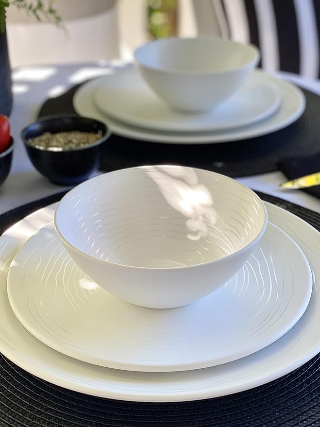bzyoo 12 Piece White Melamine Dinnerware Set +12 Piece Ceramic Dinnerware Set Serive for 4 Porcelain Plates and Bowls for Dining Pearl White Dishes Set