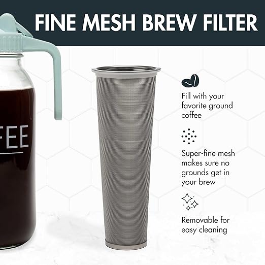 Primula Mason Jar Cold Brew Iced Coffee Maker with Stainless Steel Filter and Easy Pour Lid Durable Glass Pitcher Fits in Most Fridge Doors Dishwasher Safe Made without BPA 2-Quart Aqua