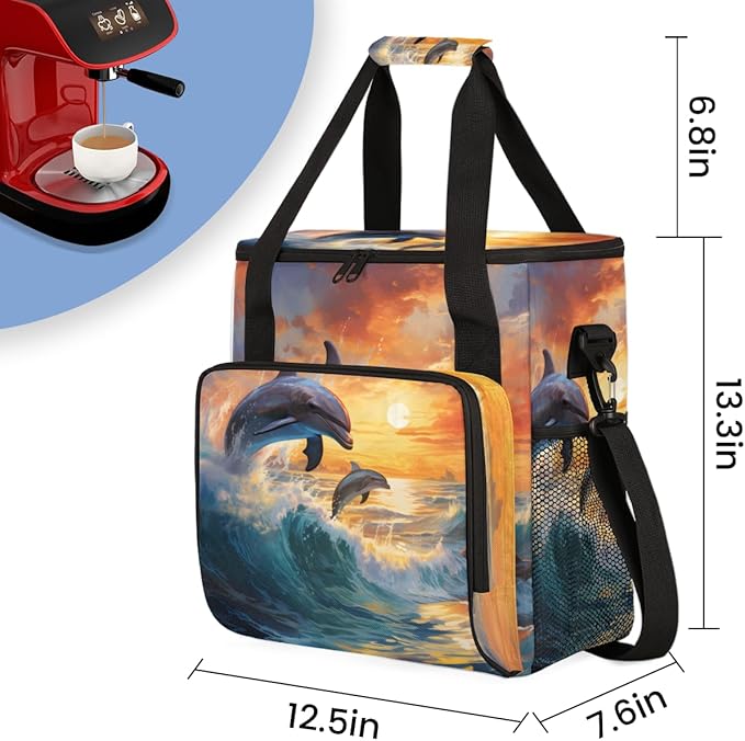 Cartoon Dolphin Coffee Maker Carrying Bag Sunset Dolphin Travel Storage Bag Compatible with K-Mini or K-Mini Plus Single Serve Coffee Brewer Carrying Case with Multiple Pockets &amp Shoulder Strap